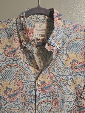 Anokhi x Kardo Men's XL Green Floral Short Sleeve Loop Collar Camp Shirt